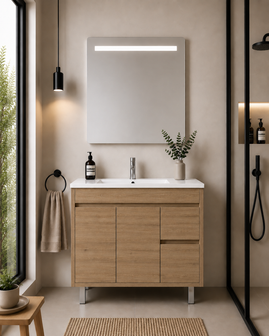 ISQUIA floor-standing bathroom vanity unit with basin, doors and drawers