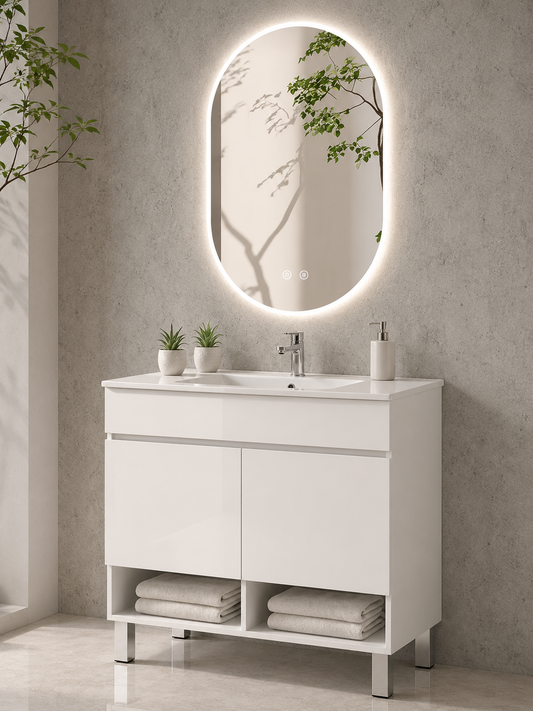 NEBARI floor-standing bathroom vanity unit with doors and basin