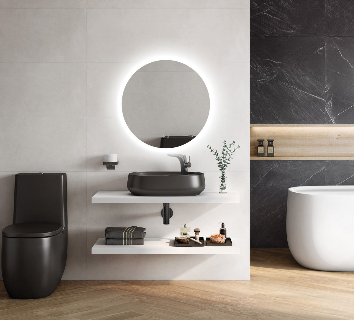 ARES curved LED bathroom mirror with anti-fog