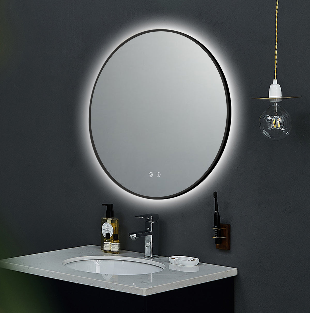 ARES Black curved LED bathroom mirror with anti-fog