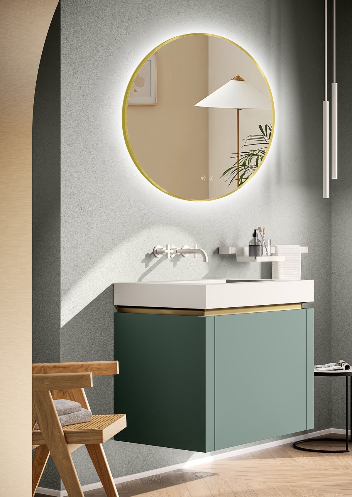 ARES Gold curved LED bathroom mirror with anti-fog