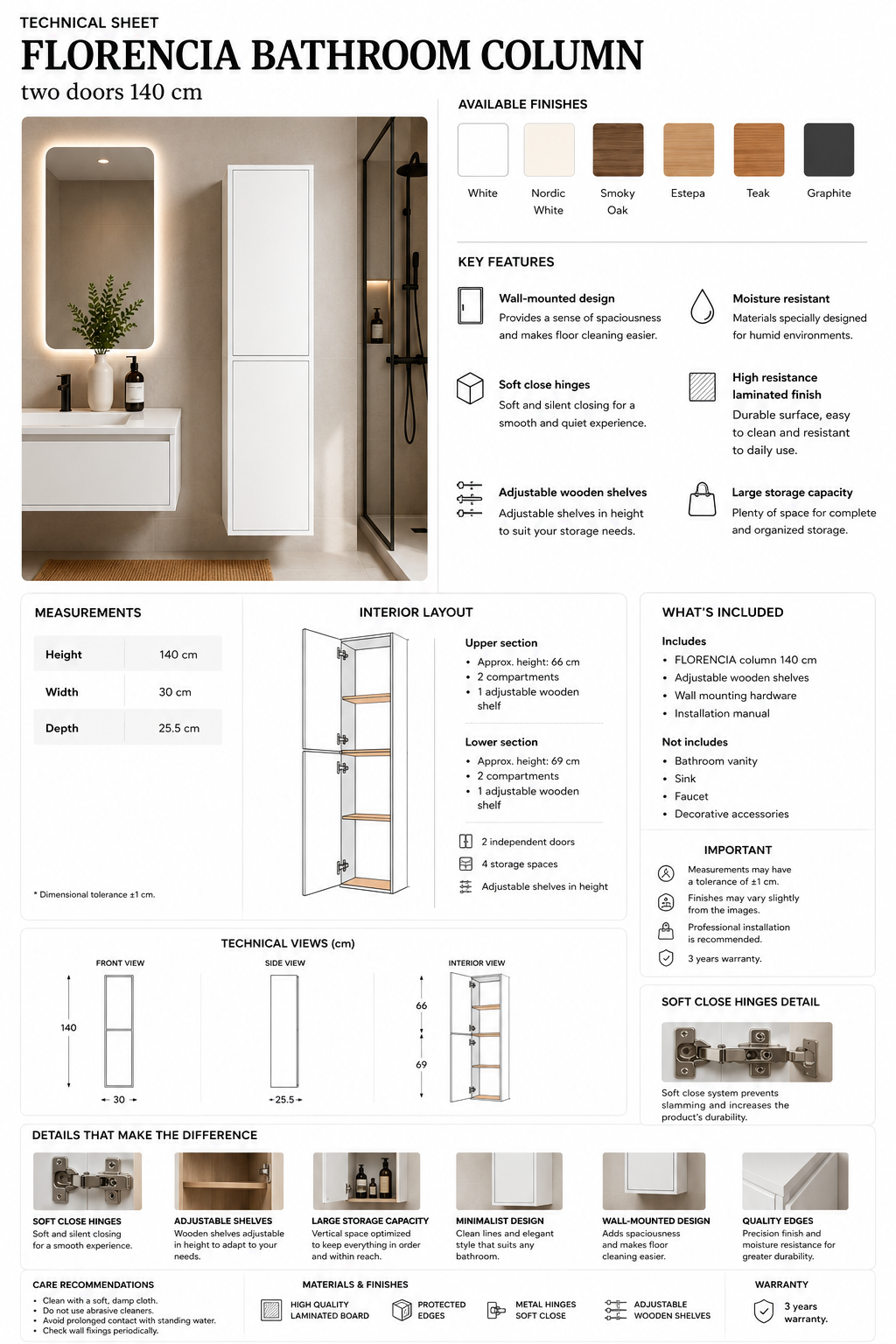 FLORENCIA tall bathroom cabinet with 2 doors, 140 cm