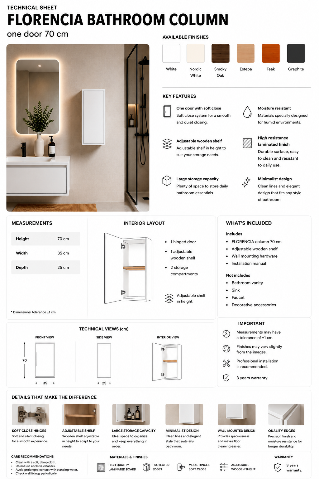 FLORENCIA bathroom cabinet with 1 door, 70 cm