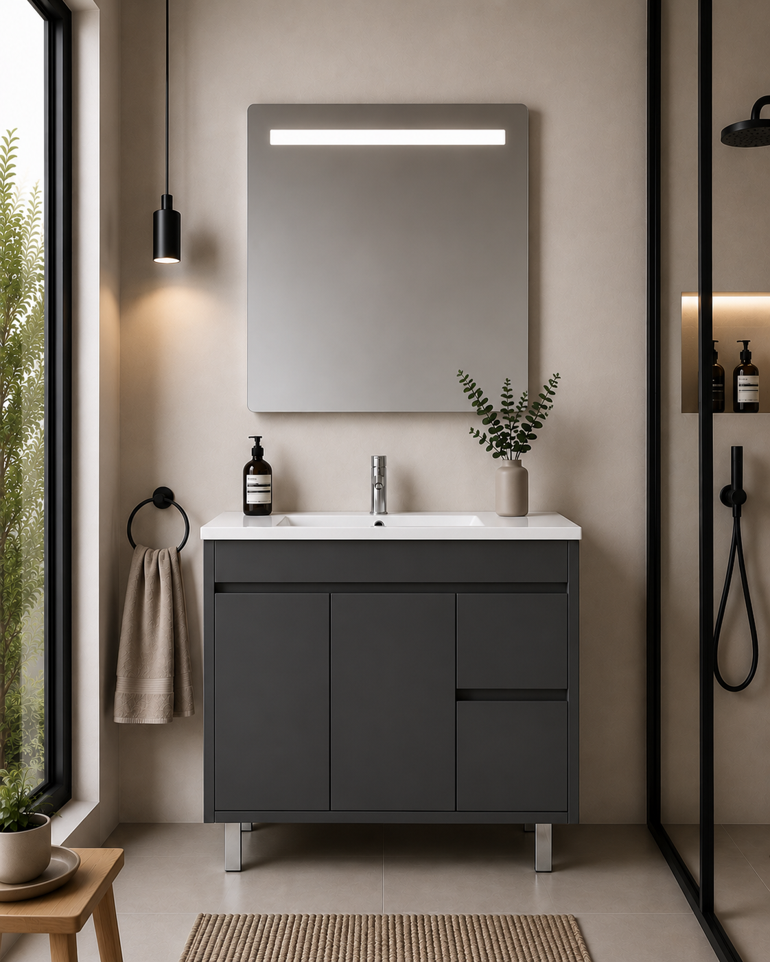 ISQUIA floor-standing bathroom vanity unit with basin, doors and drawers