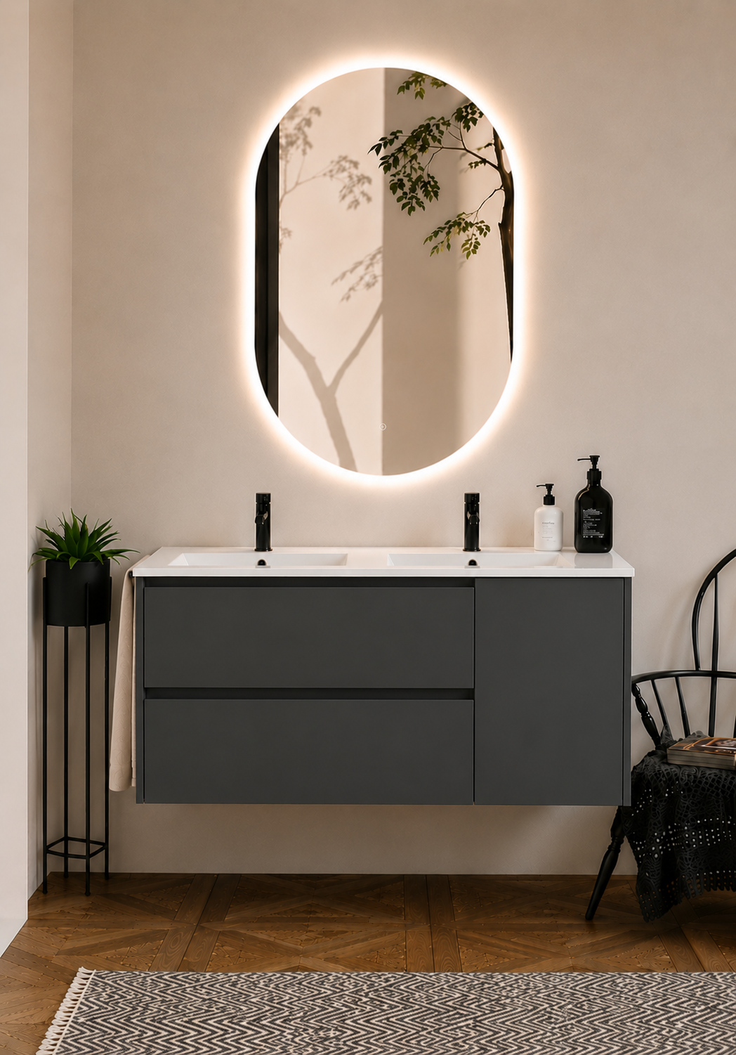 ITACA wall-hung bathroom vanity unit with basin, drawers and door