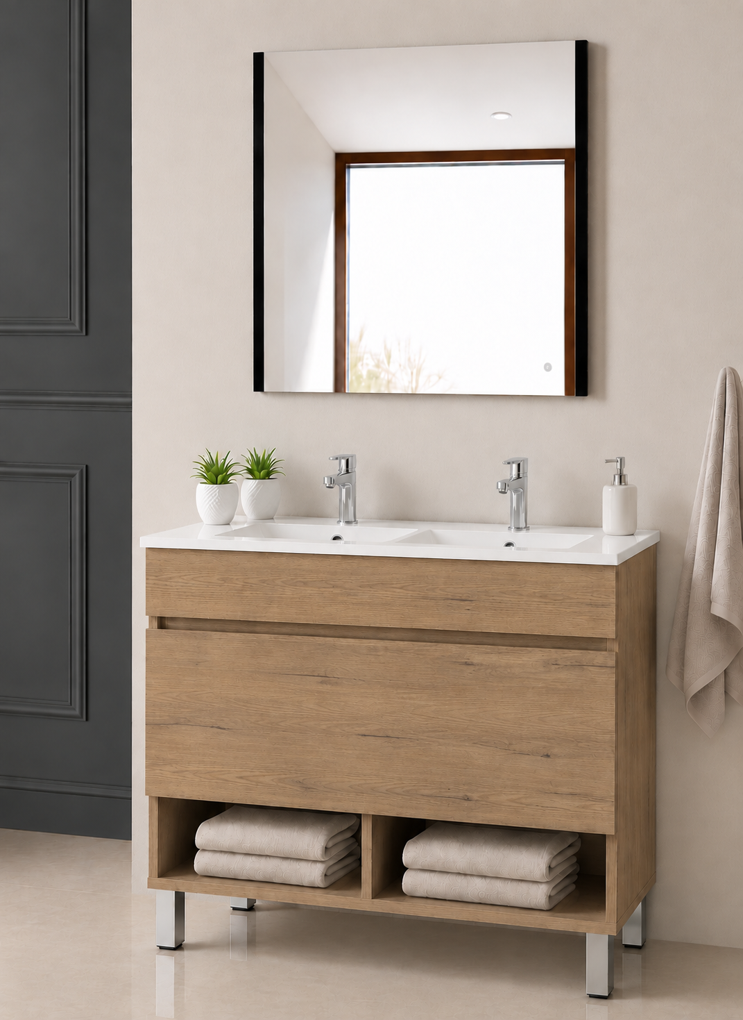 NEBARI floor-standing bathroom vanity unit with drawer, shelf and basin
