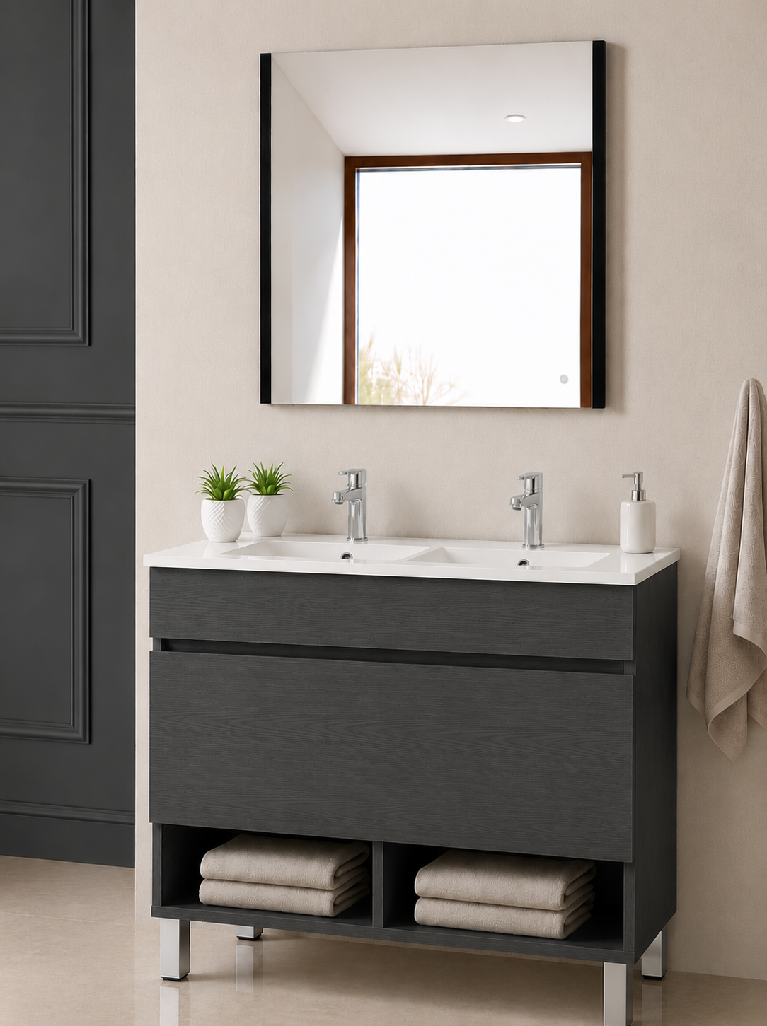NEBARI floor-standing bathroom vanity unit with drawer, shelf and basin