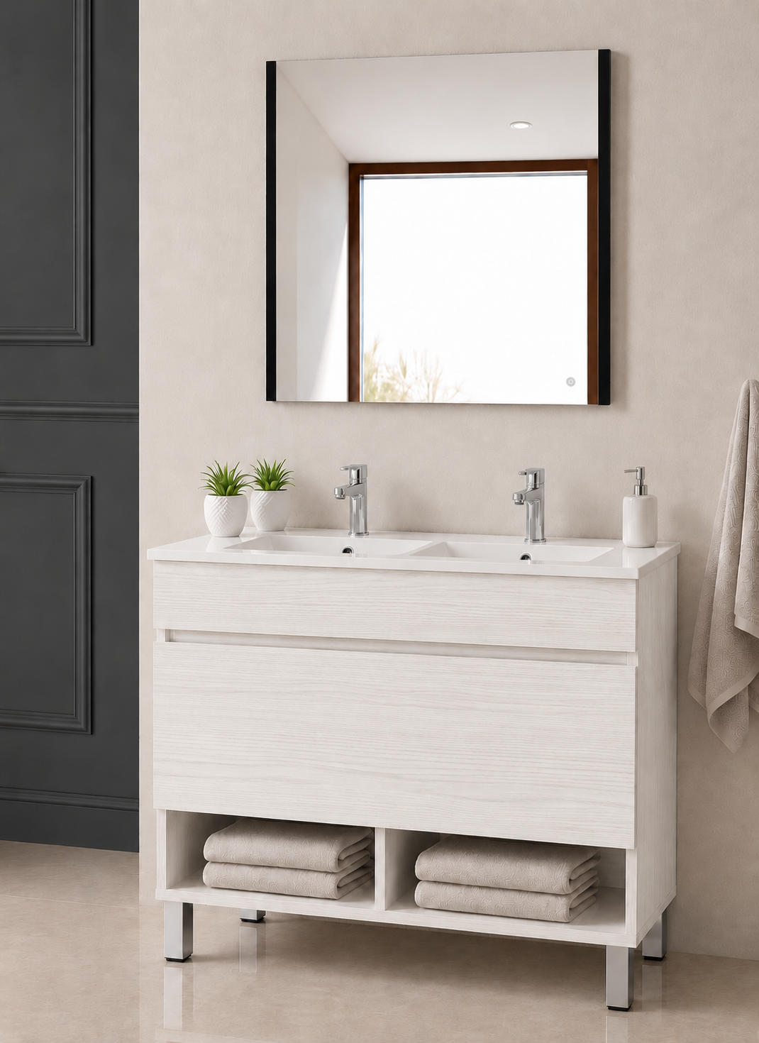 NEBARI floor-standing bathroom vanity unit with drawer, shelf and basin