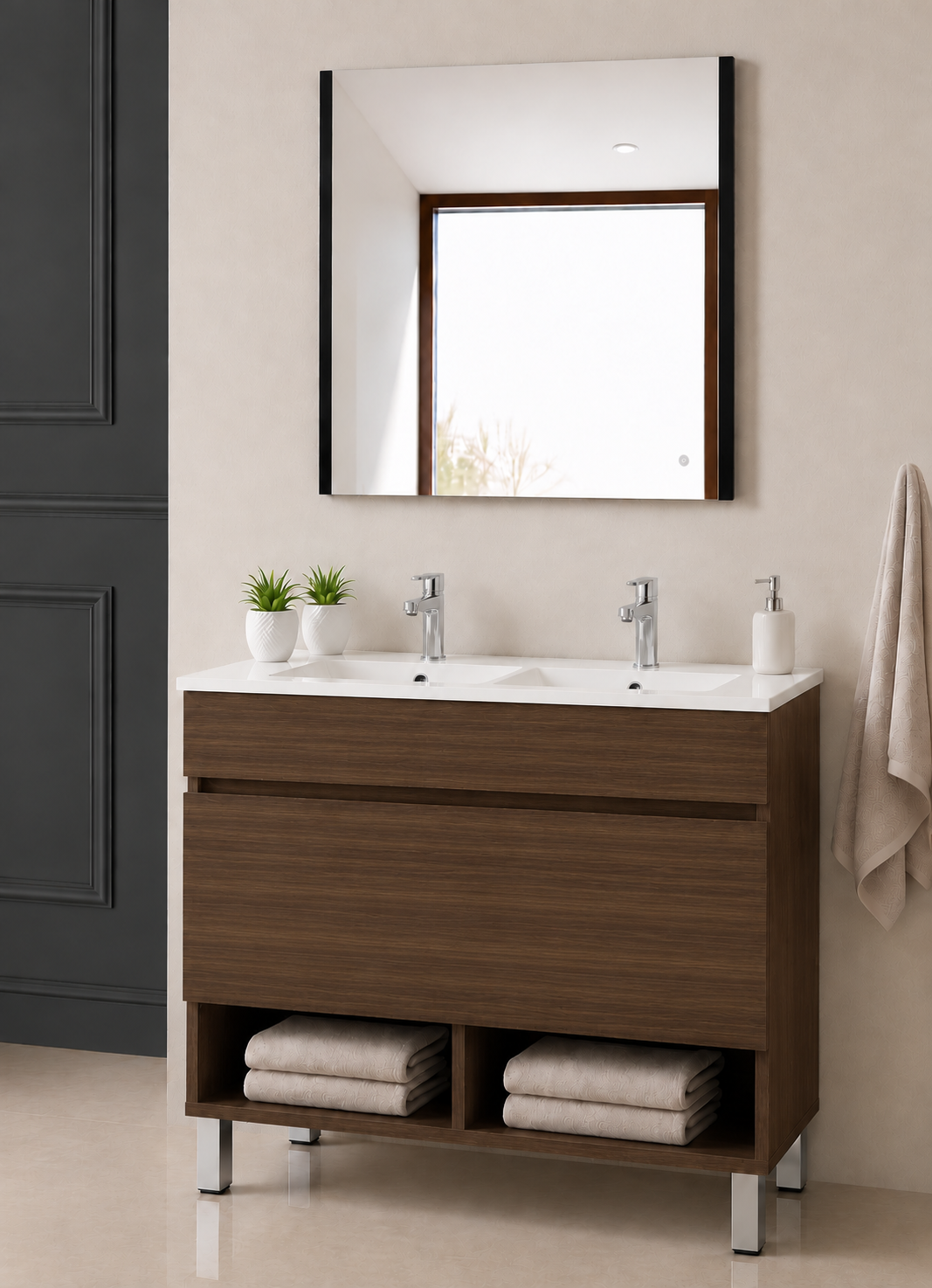 NEBARI floor-standing bathroom vanity unit with drawer, shelf and basin