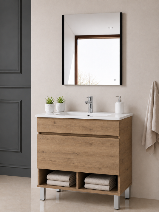 NEBARI floor-standing bathroom vanity unit with drawer, shelf and basin