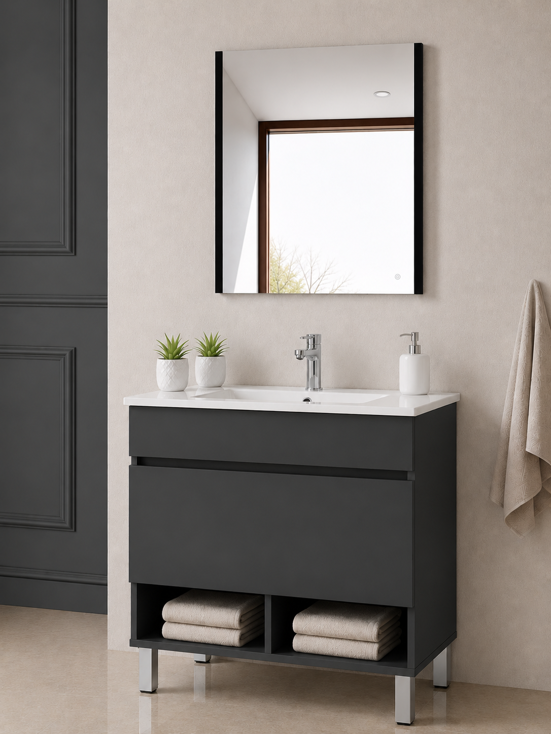 NEBARI floor-standing bathroom vanity unit with drawer, shelf and basin