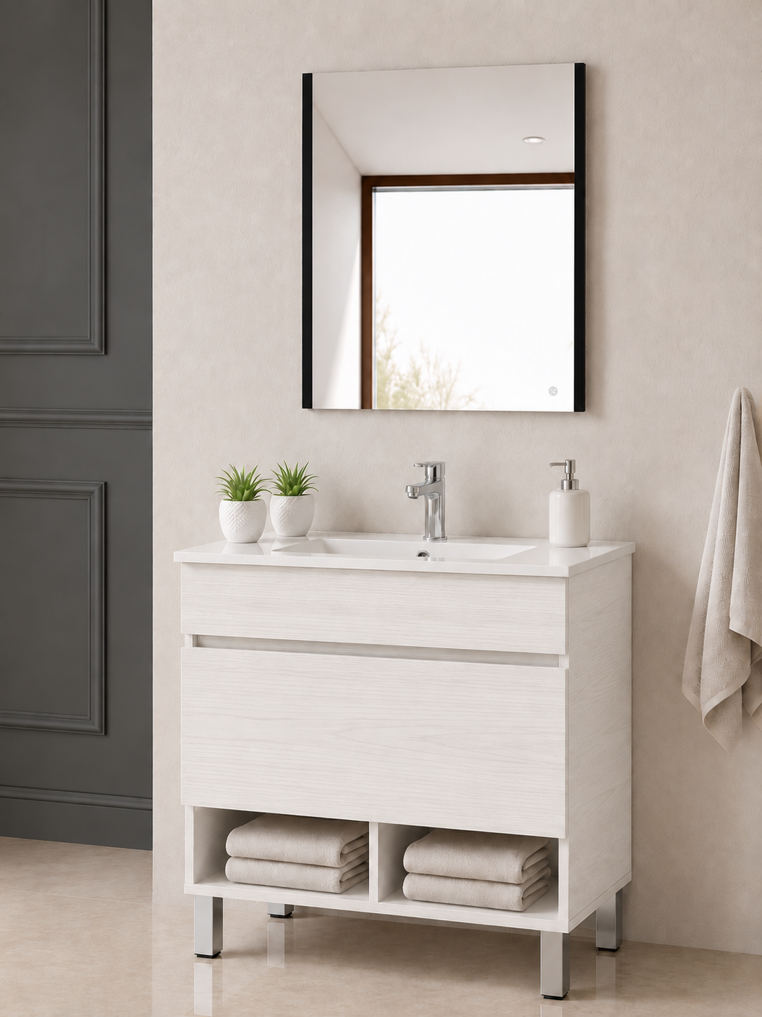 NEBARI floor-standing bathroom vanity unit with drawer, shelf and basin