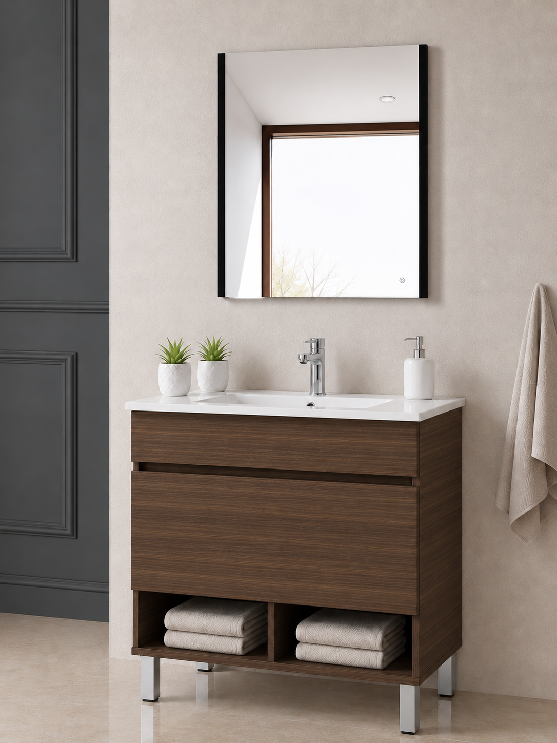 NEBARI floor-standing bathroom vanity unit with drawer, shelf and basin