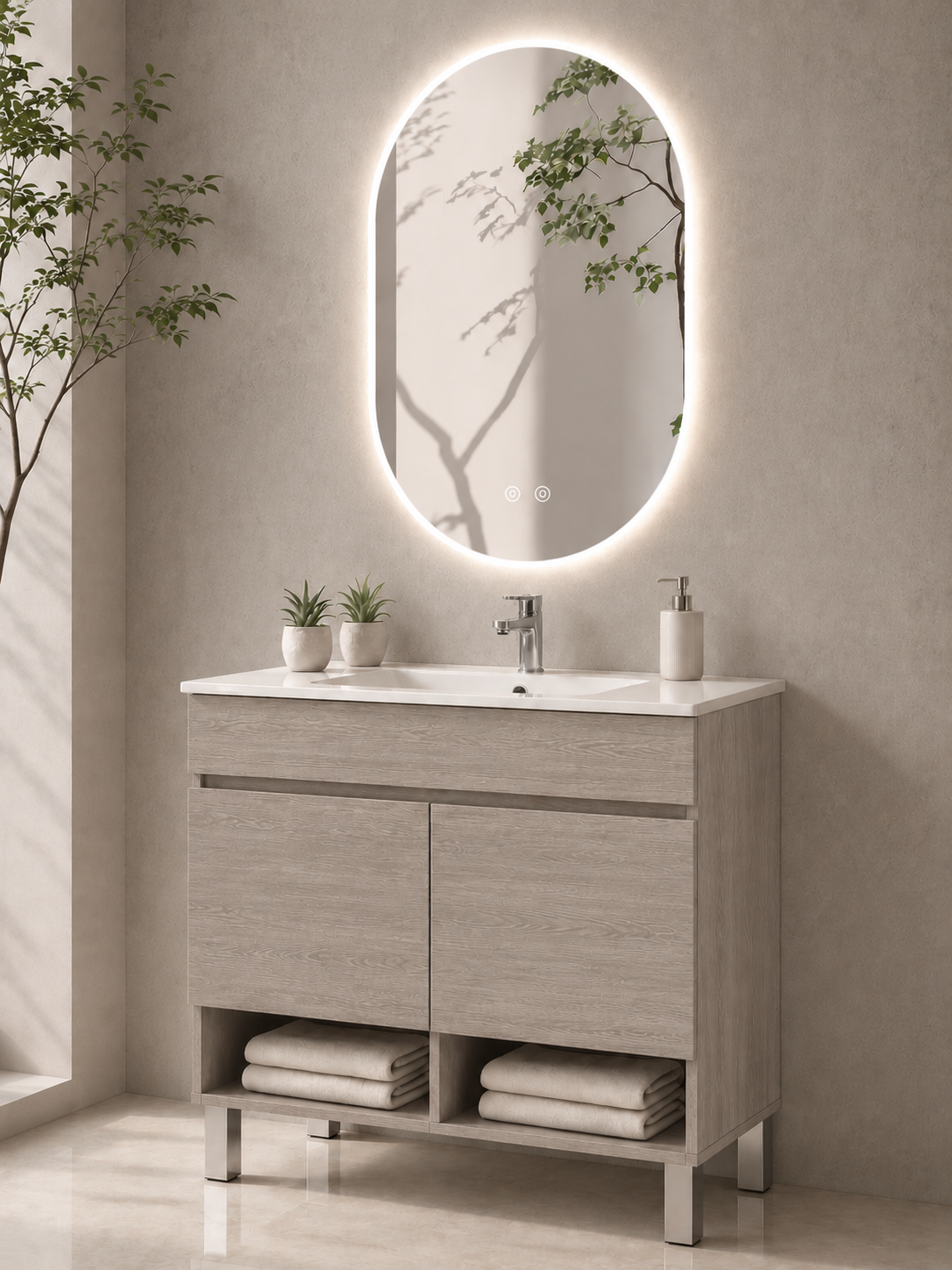 NEBARI floor-standing bathroom vanity unit with doors and basin