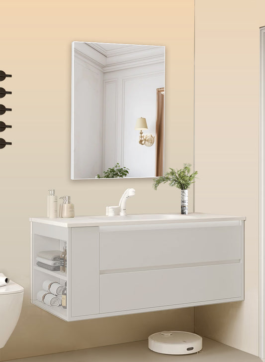 Basic bathroom mirror with safety backing