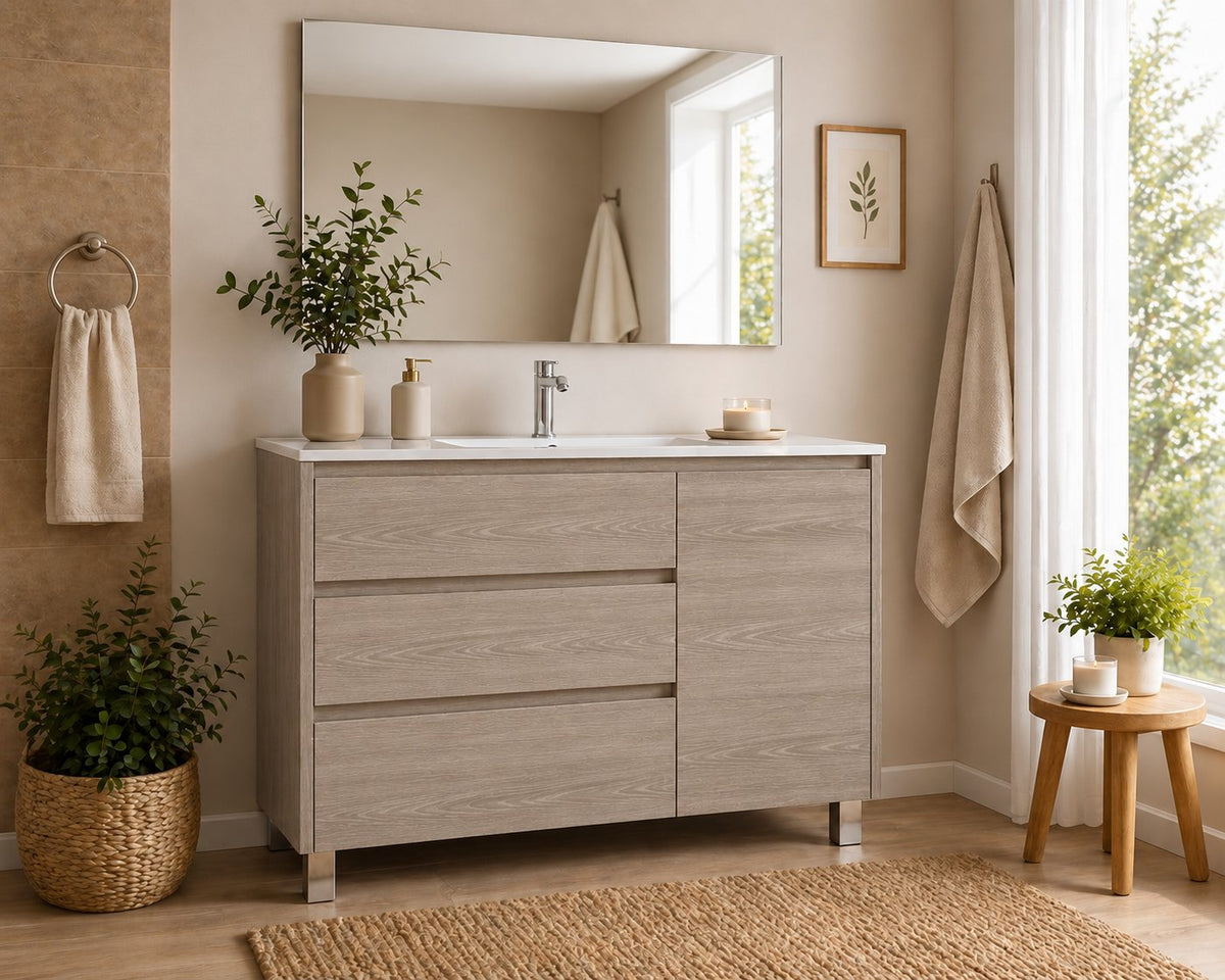 VOLUM bathroom vanity unit with basin, 3 drawers and door
