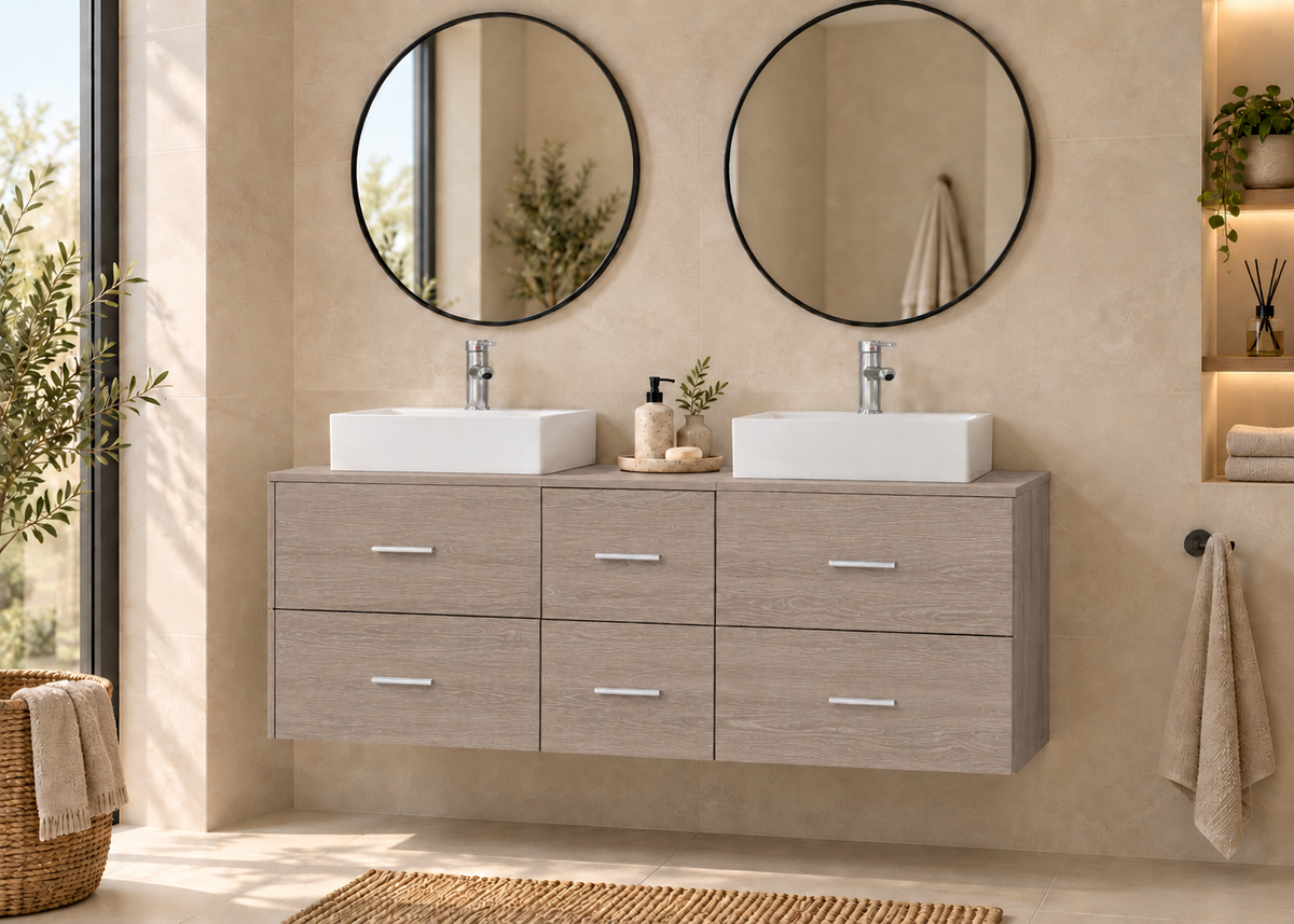 Mueble de baño MILOS 121 en Roble Smoky con dos lavabos LIBRA